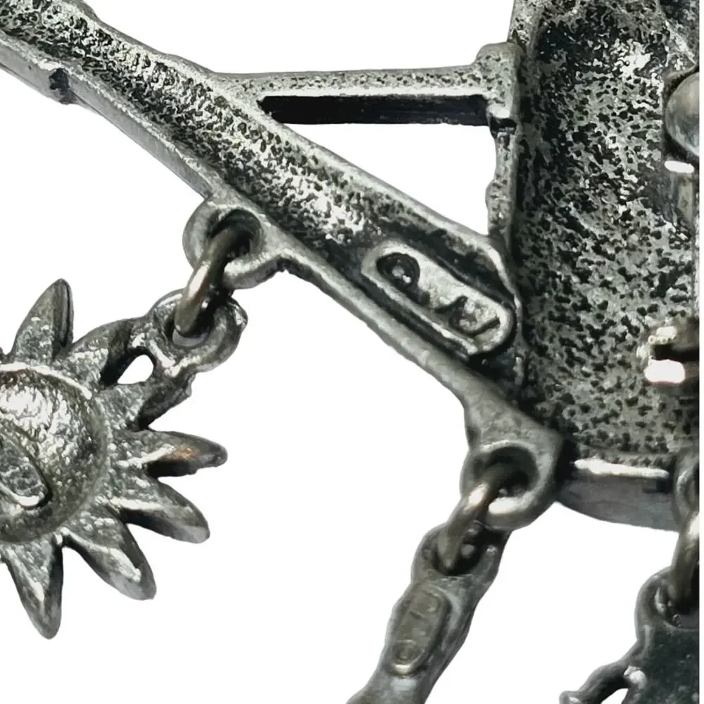 JJ Jonette Watering Can Brooch Dangle Gardening Charms Pewter Vintage Whimsical